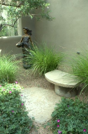 bench, garden bench, garden sculpture, grasses, female sculpture