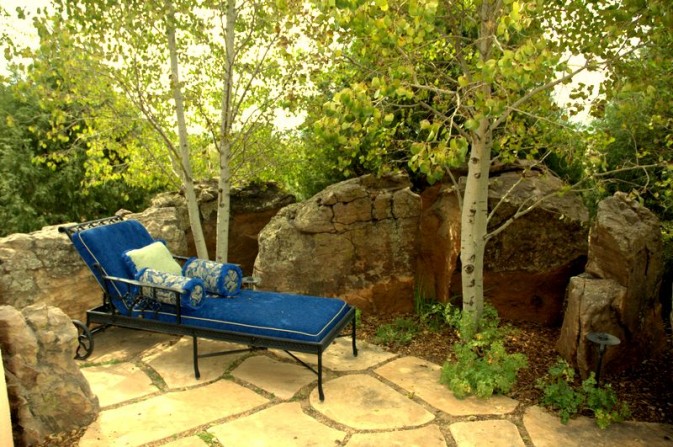 secret garden, secluded garden, boulders, aspen trees, cool spaces, relaxing spaces